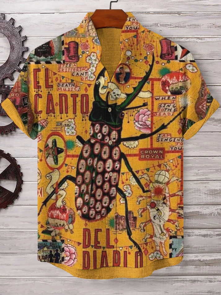 Men's Summer Cicada Returns Insect Print Short Sleeve Linen Blend Shirt