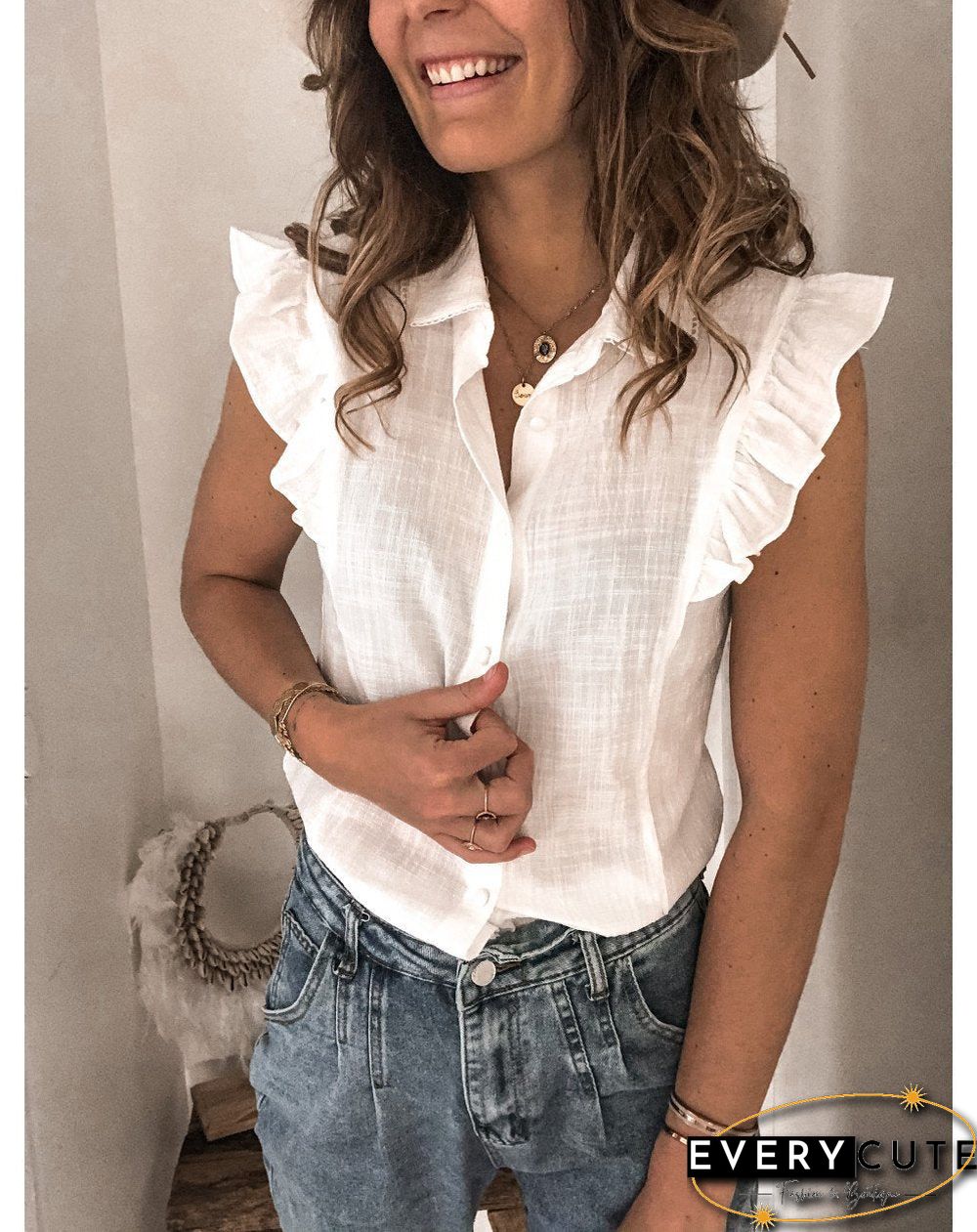 Round Neck Button Plain Flounce Decorated Top