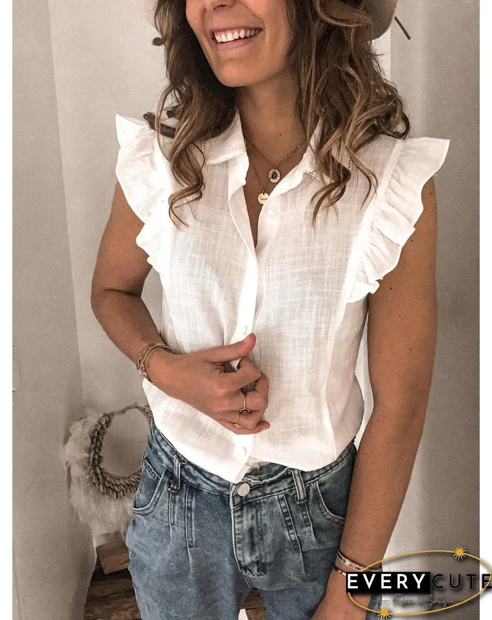Round Neck Button Plain Flounce Decorated Top