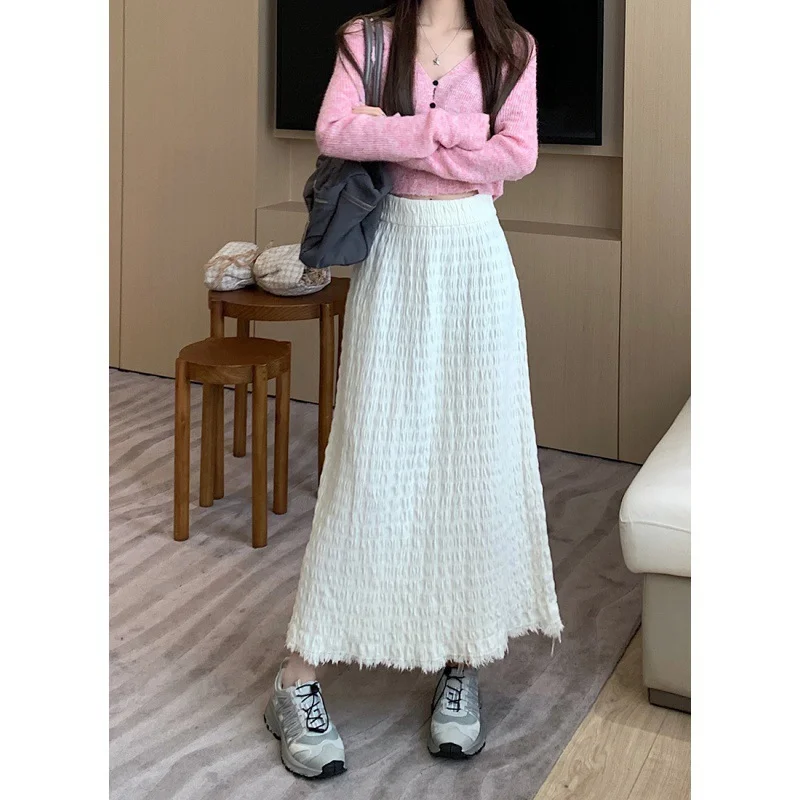 Toloer Toloer New Fashion Straight Tube Hem A Line Skirt Korean Pleated Pendant Feeling High Waist Versatile Knit Long Skirt-Outfit Ideas
