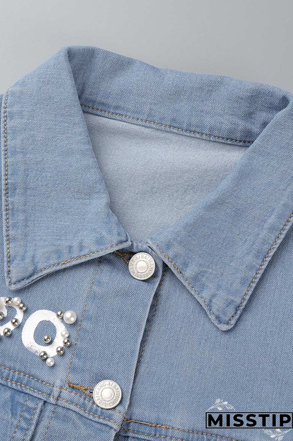 Blue Fashion Casual Letter Print Patchwork Beading Turndown Collar Half Sleeve Regular Denim Jacket