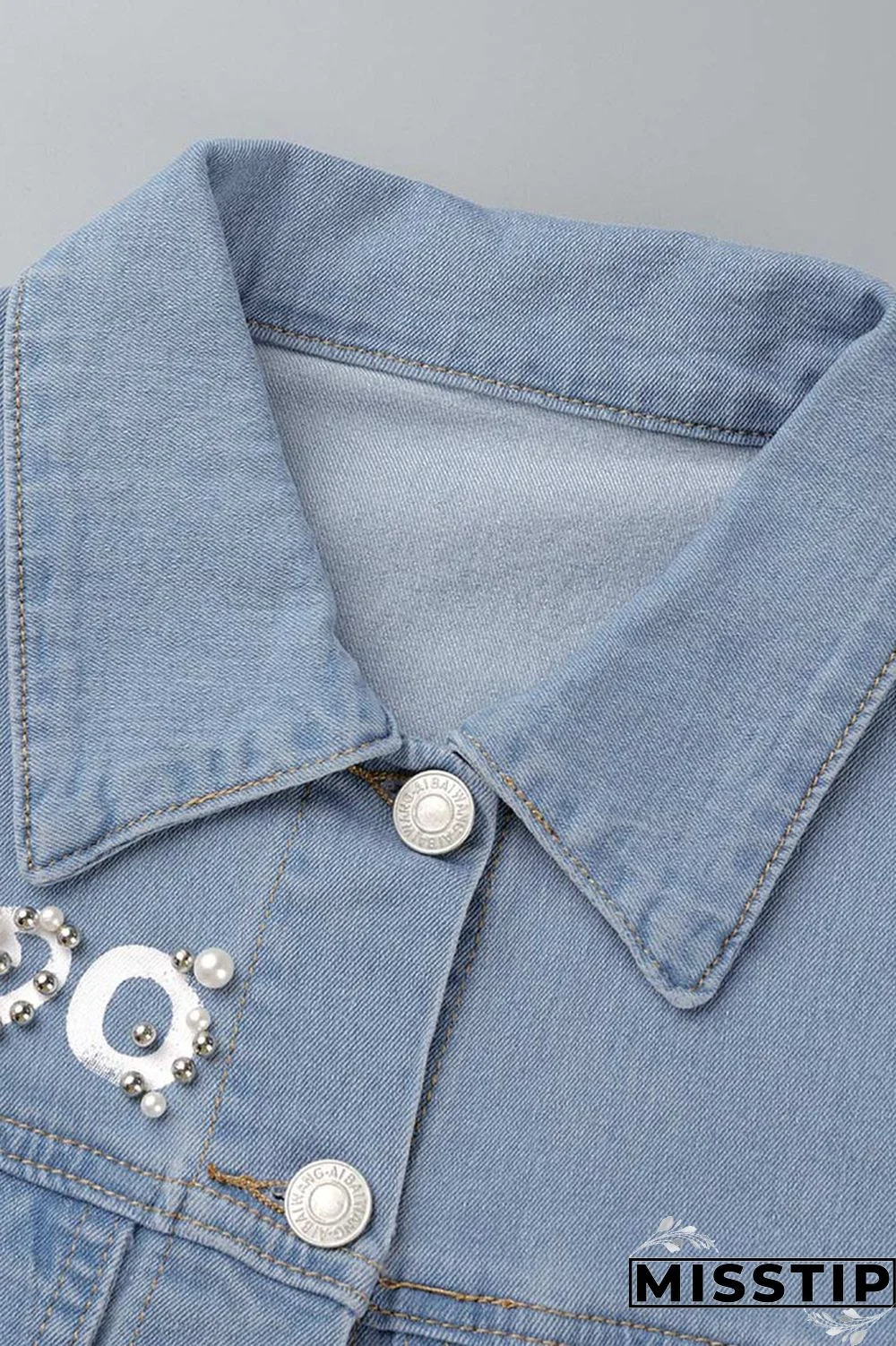 Blue Fashion Casual Letter Print Patchwork Beading Turndown Collar Half Sleeve Regular Denim Jacket