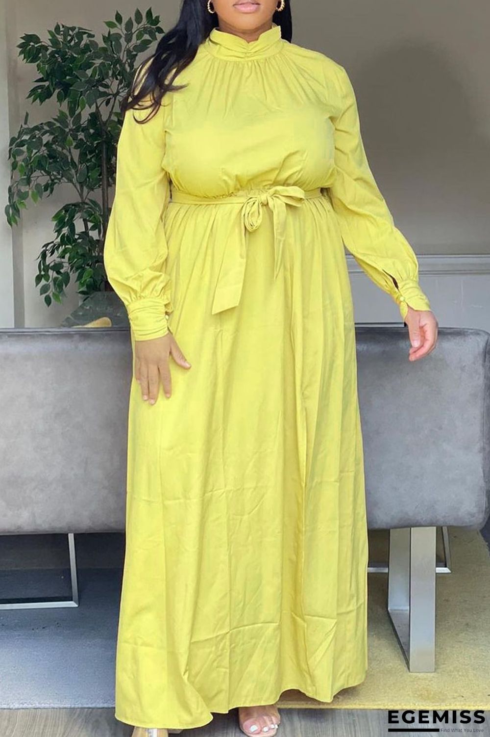 Yellow Casual Solid Patchwork Slit Turtleneck Straight Plus Size Dresses | EGEMISS