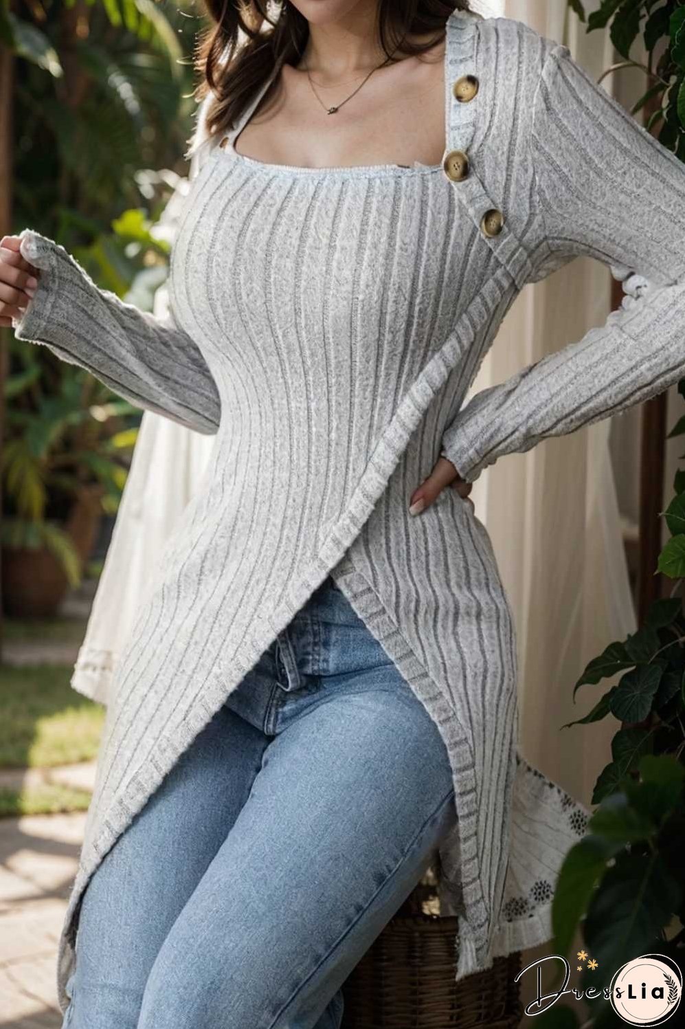 casual ribbed button decor asymmetrical hem long sleeve t shirt