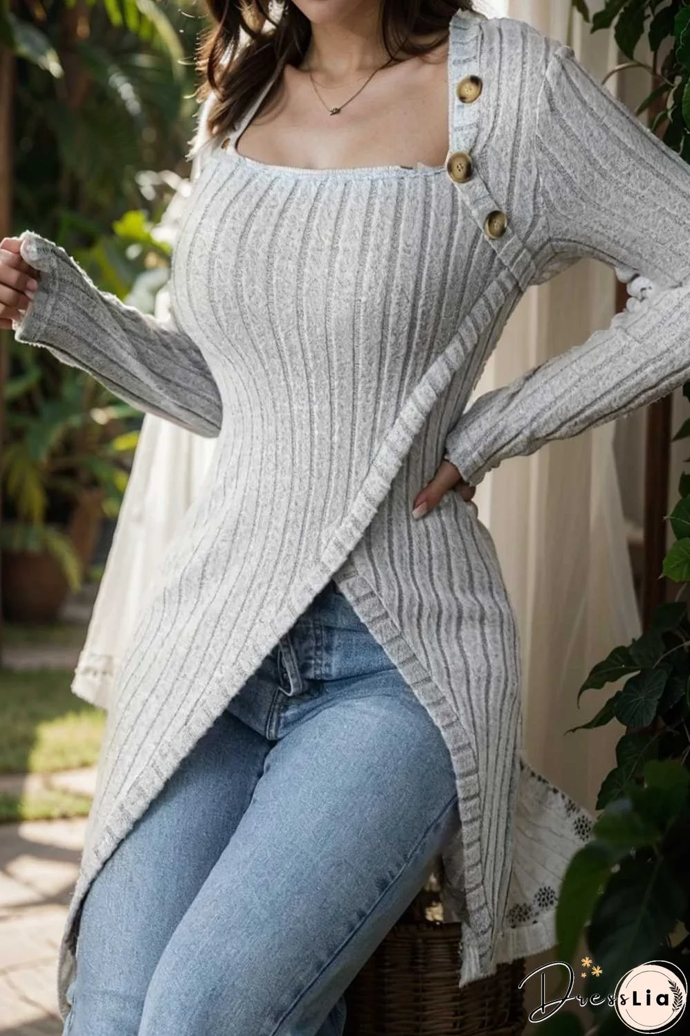 casual ribbed button decor asymmetrical hem long sleeve t shirt