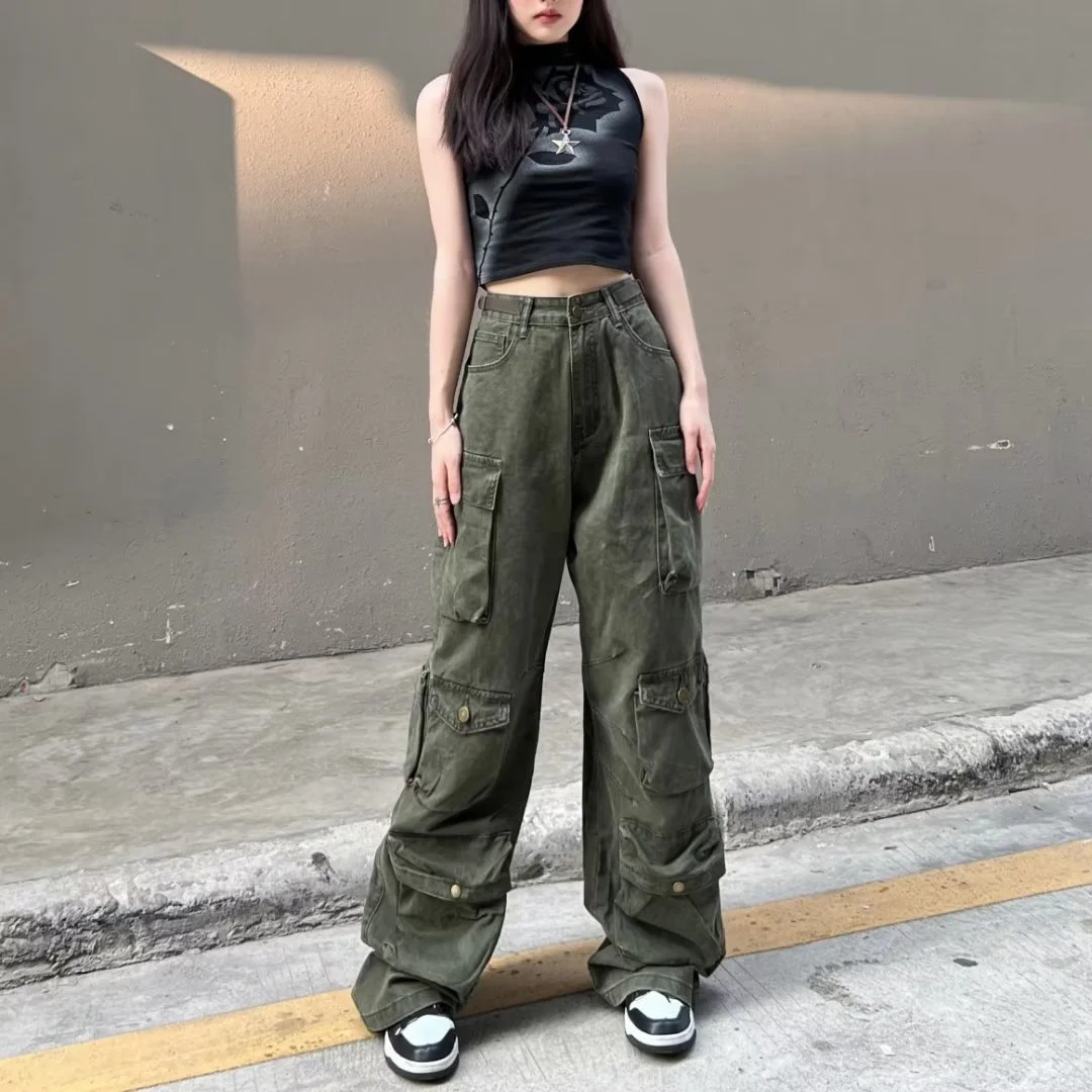 Back To School Outfits Y2k Retro High Street Multi Pocket Cargo Pants Women Fashion Casual High Waist Wide Leg Baggy Jeans Denim Trousers Overalls