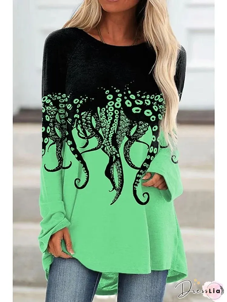 New Autumn Womens Clothing Fashion Printed Sleeve Tee Shirts Casual Elegant Shirt Femme