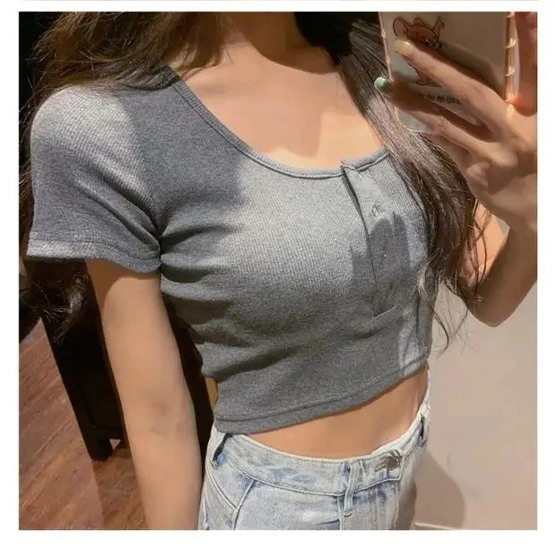 Brownm Brownm Summer New Slim Short Round Collar High Waist Show Thin Heart Machine Crop Cord Short-Sleeved T-Shirt Women's Jacket Ins Tide