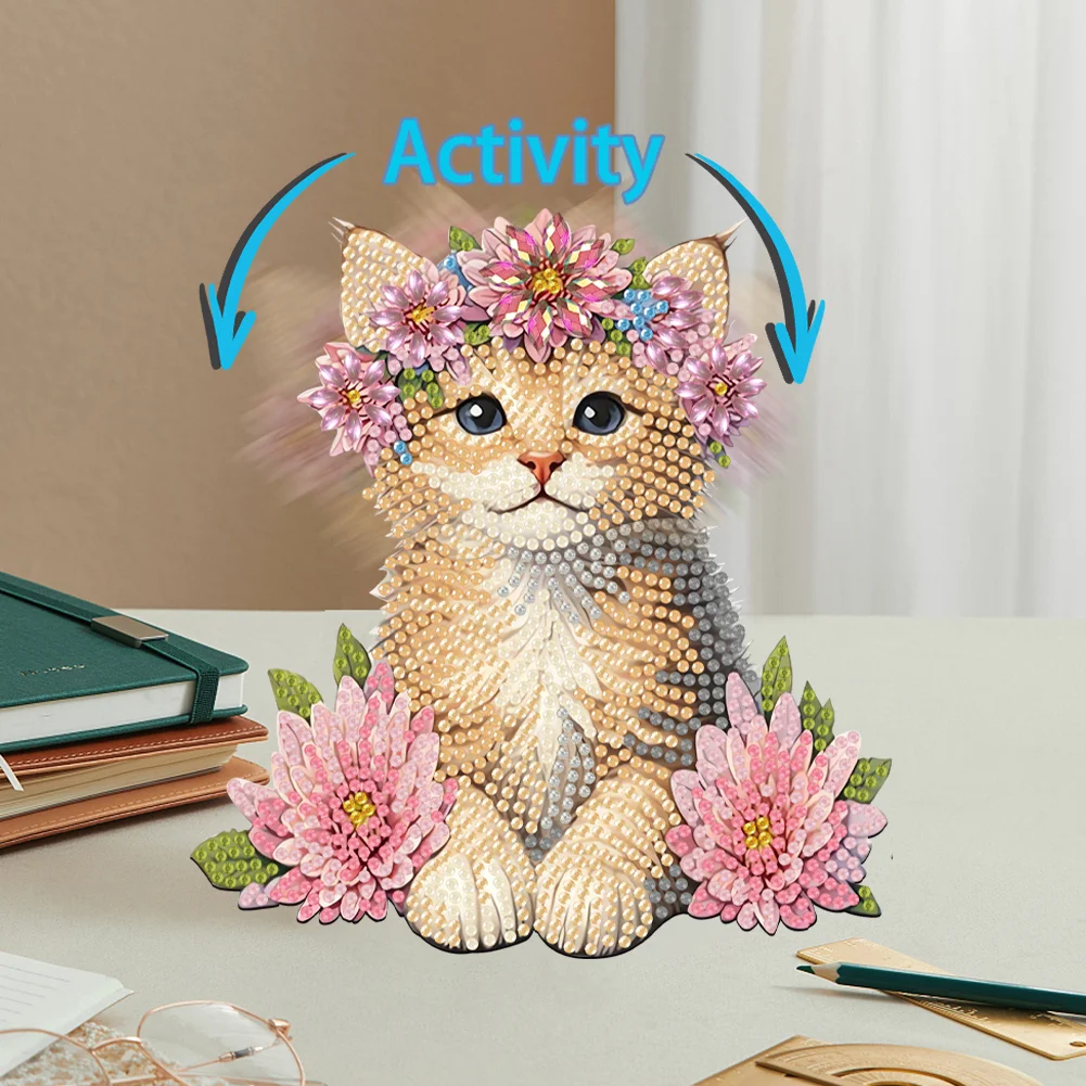2D Flat Cat DIY Shaking Head Cat Pink Flower Diamond Painting Desktop Decoration