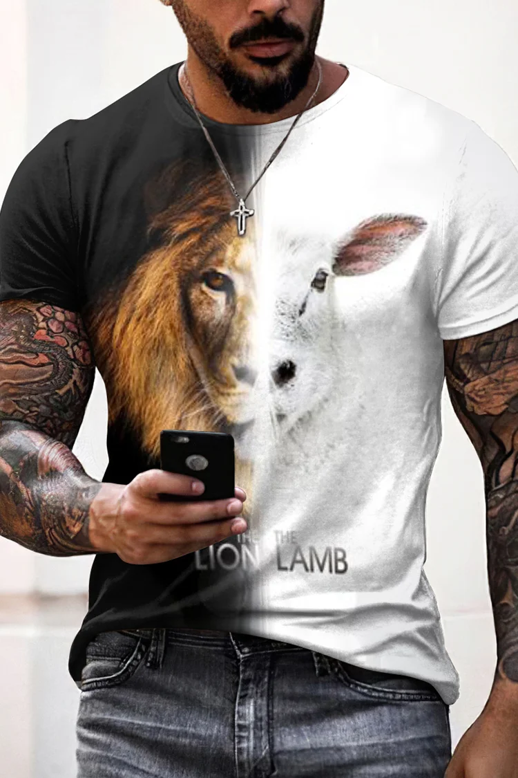 Men's Fashion Cozy Contrast Lion and Lamb T-Shirt
