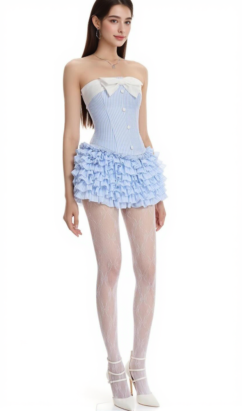 Striped bustier top skirt set in blue