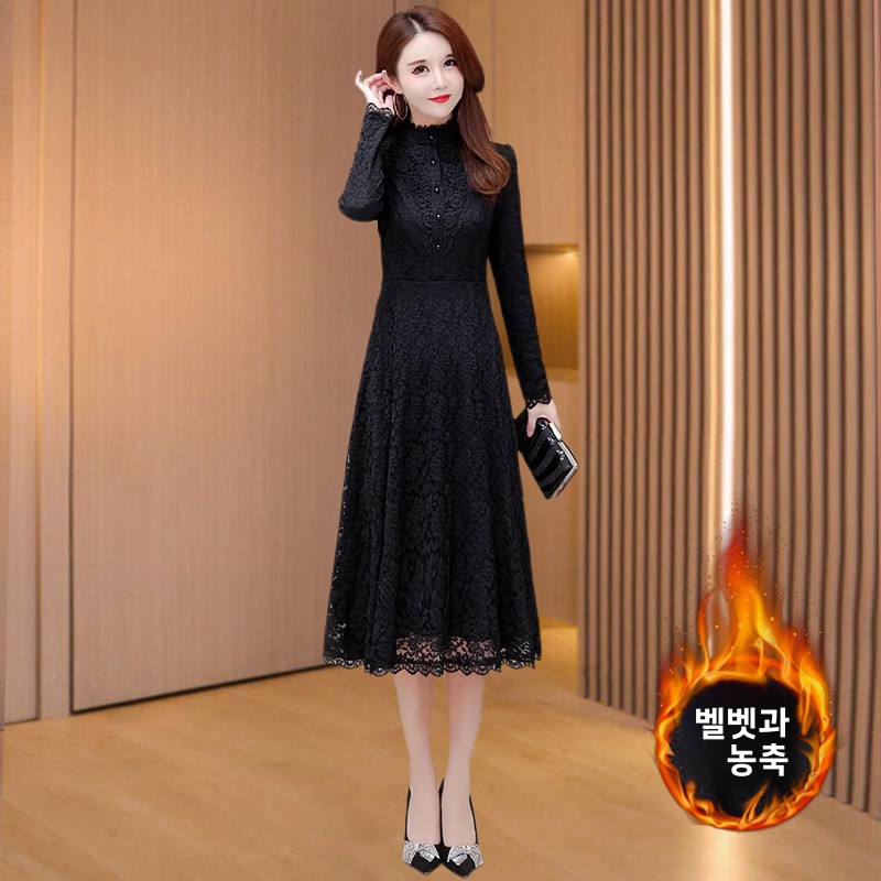 High-End Brand Long Fleece-Lined Thickened Base Layer Dress Autumn Winter High Waist A-Line Korean Sle Commute Dress