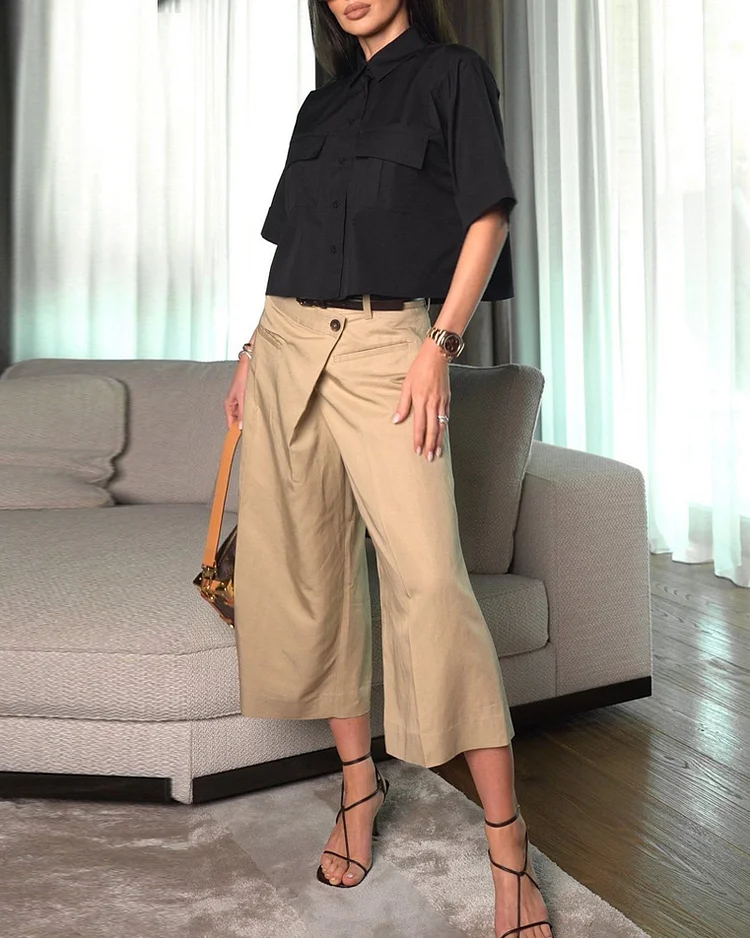 Short-sleeved lapel top + 8-point pants two-piece set