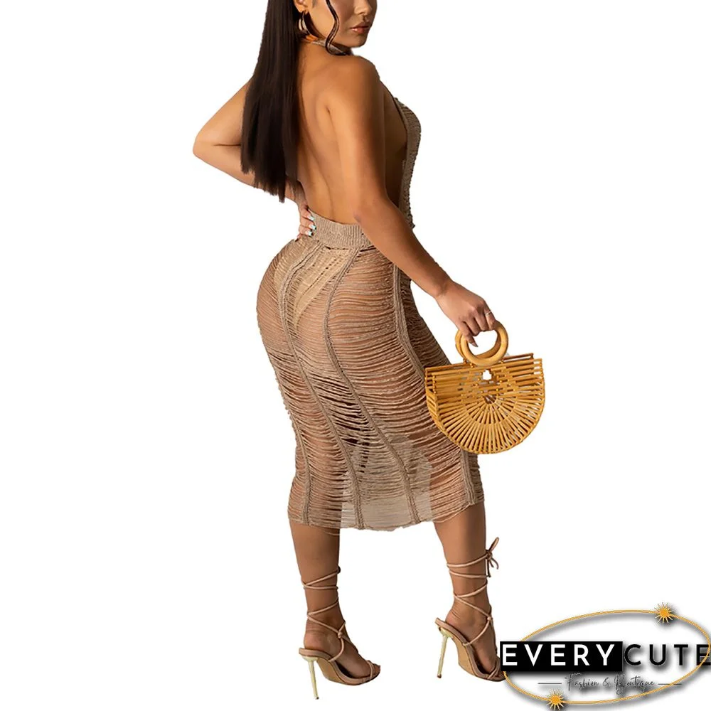 Khaki Polyester Hollow Out Halter Beach Cover Dress