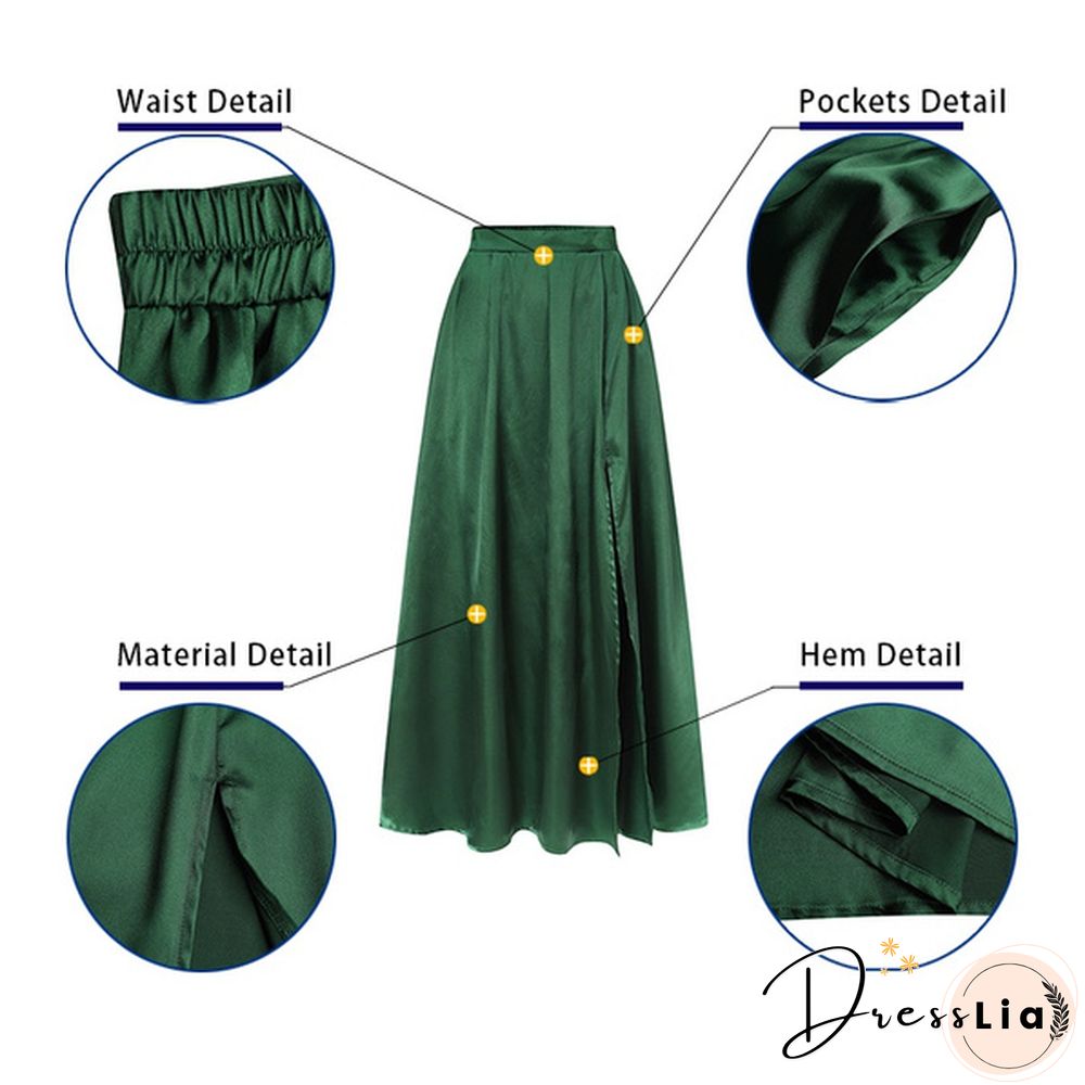 Women Elastic High Waist Split Hem Long Skirt Stain Solid Color Pleated Loose Party Beach Umbrella Skirt Plus Size