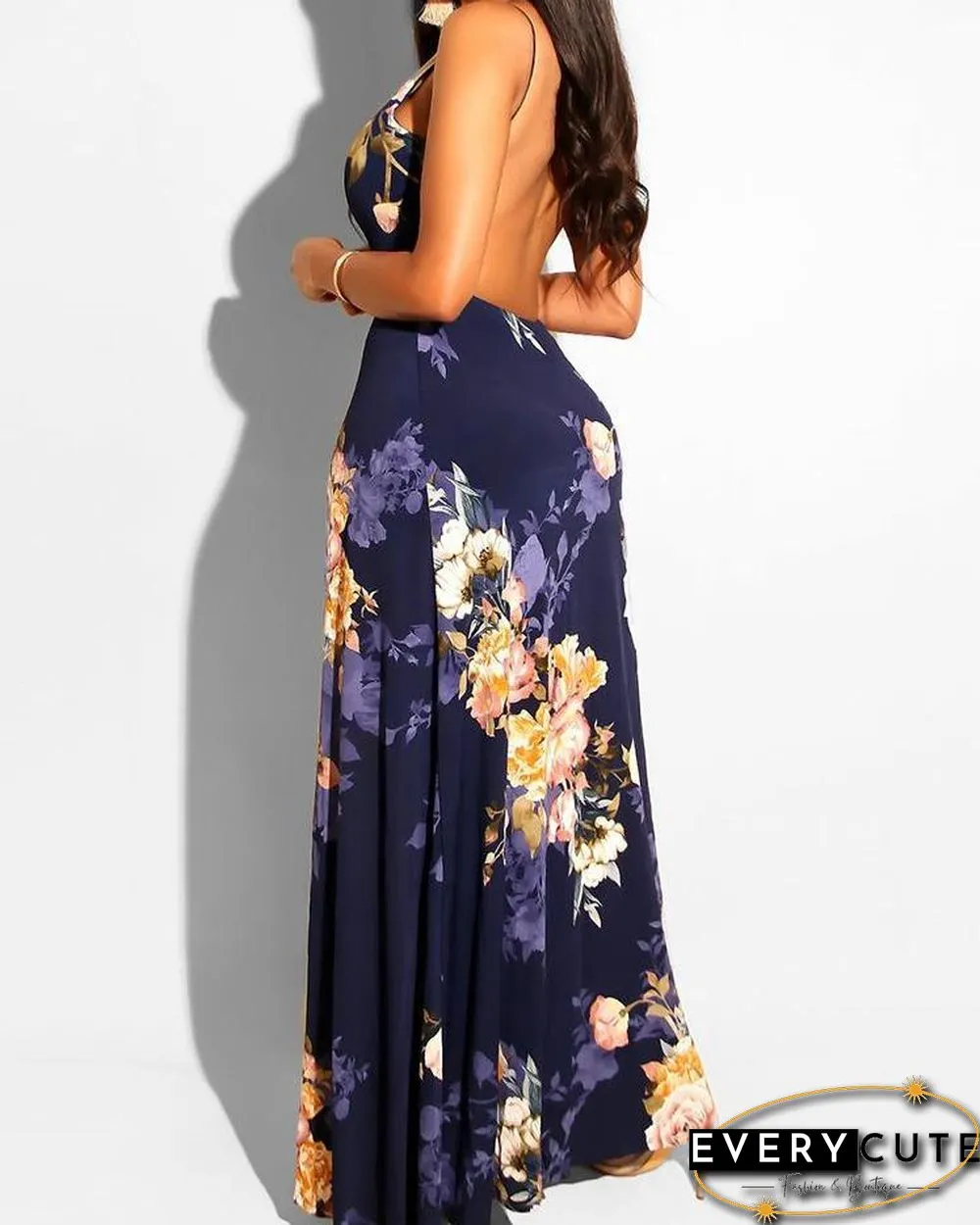 Floral Print Deep V-neck Romper Maxi Dress