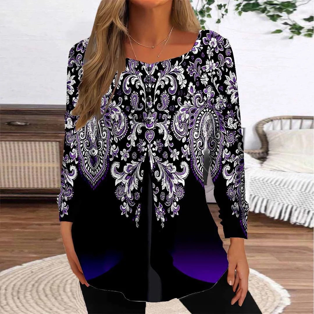 Women Graphic,Purple DZGG8343 Long Sleeve Scoop Neck Printed Graphic Button Fake 2in1 Tops
