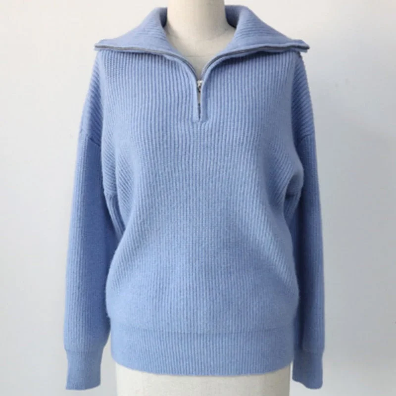 Winter Women's Turtleneck Sweater Pullover Women Zipper Turn Down Soft Beige Knitted Oversize Jumper Loose Vintage Warm Sweaters