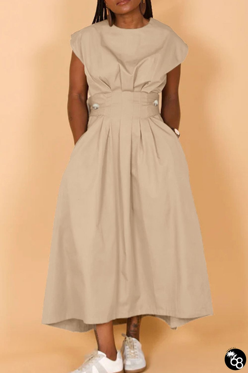 Street Solid Patchwork Pocket Buttons O Neck A Line Dresses | 168DEAL