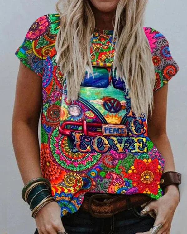 🔥kukelife🔥Car Cashew Flower Print Hippie T-Shirt