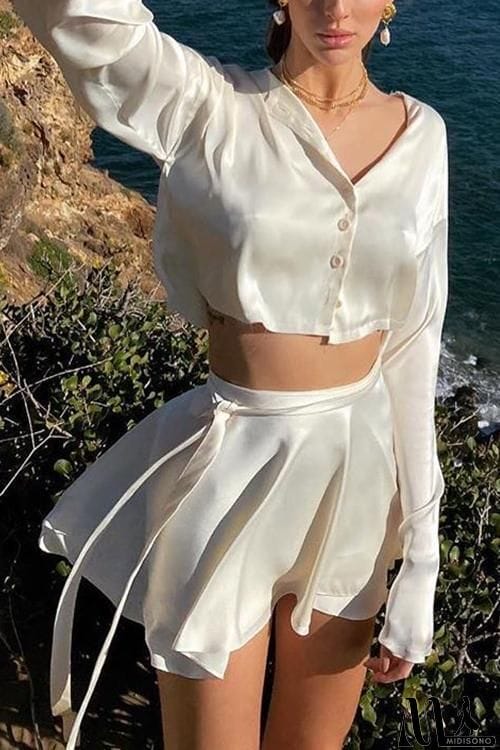 MidiSono - Button Flares Sleeve Skirts Set