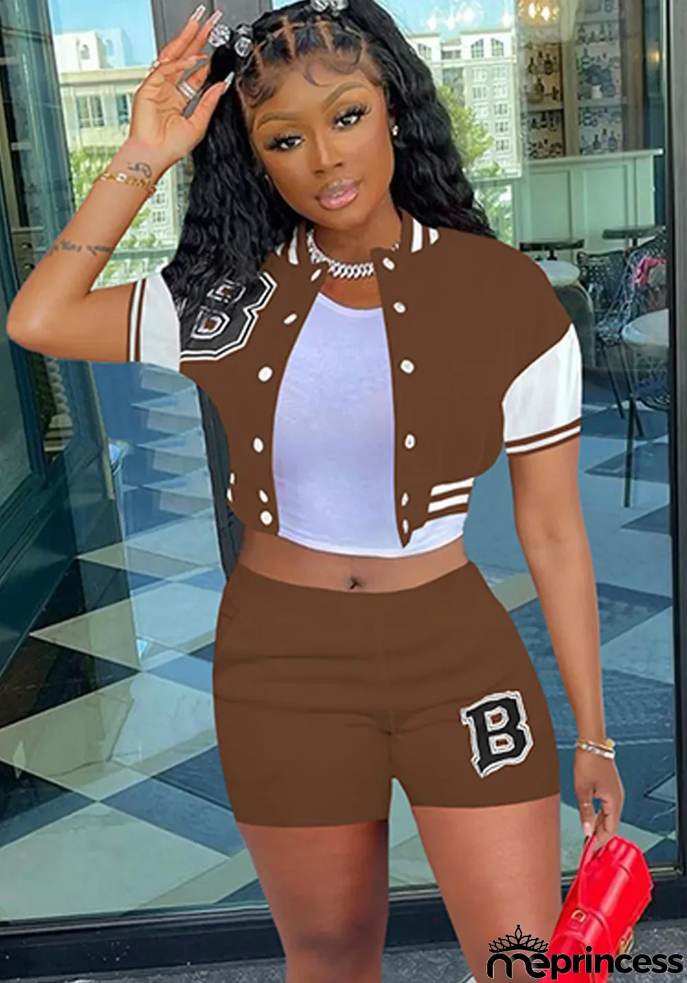 Women Summer Brown Casual O-Neck Short Sleeves Letter Print Button Regular Two Piece Shorts Set