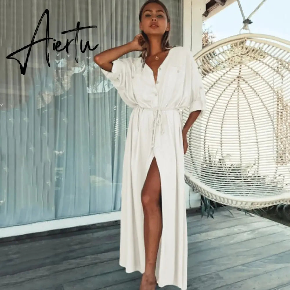 Leaves Print Bikini Beach Cover up Tunics for Beach Long Kaftan Bikini Cover up Robe de Plage Sarong Beach Swimsuit cover-ups Aiertu