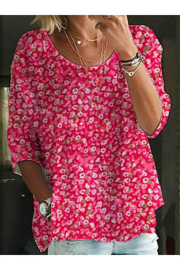 Flower Print Crew Neck 3/4 Sleeves Comfy Blouse