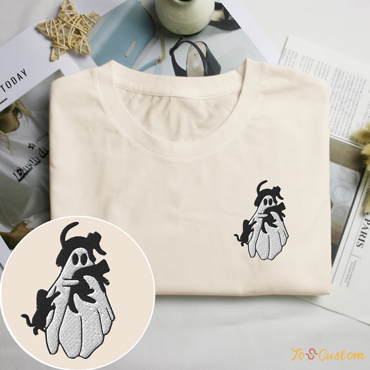 TOSCUSTOM™ Personalized Halloween T Shirts Embroidered Ghost Cats Graphic Tees