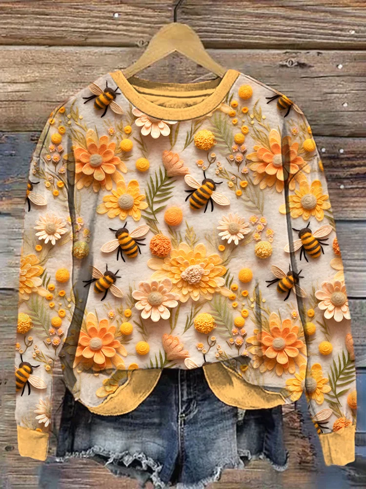 Wearshes Bees & Flowers Felt Art Casual Cozy Sweatshirt
