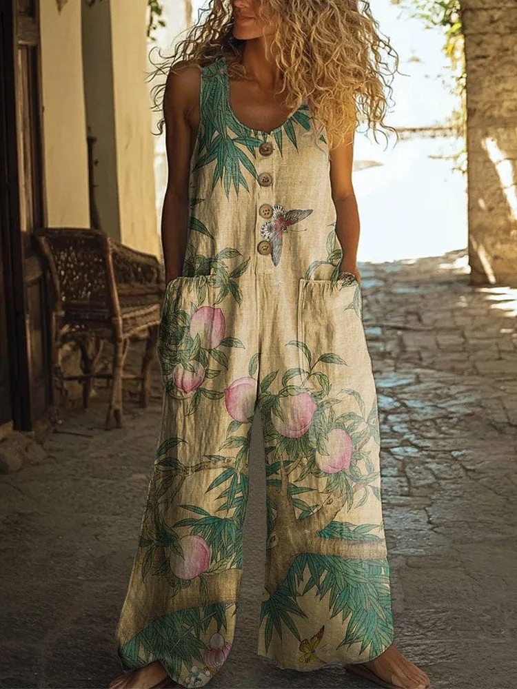 Women's Retro Elegant Peach Tree Flowers Print Casual 100% Cotton Wide Leg Jumpsuit