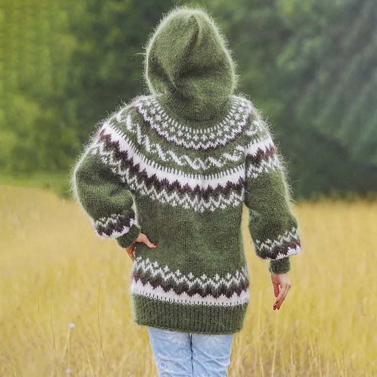 Comstylish Vintage Fairman Island Jacquard Contrast Hooded Sweater