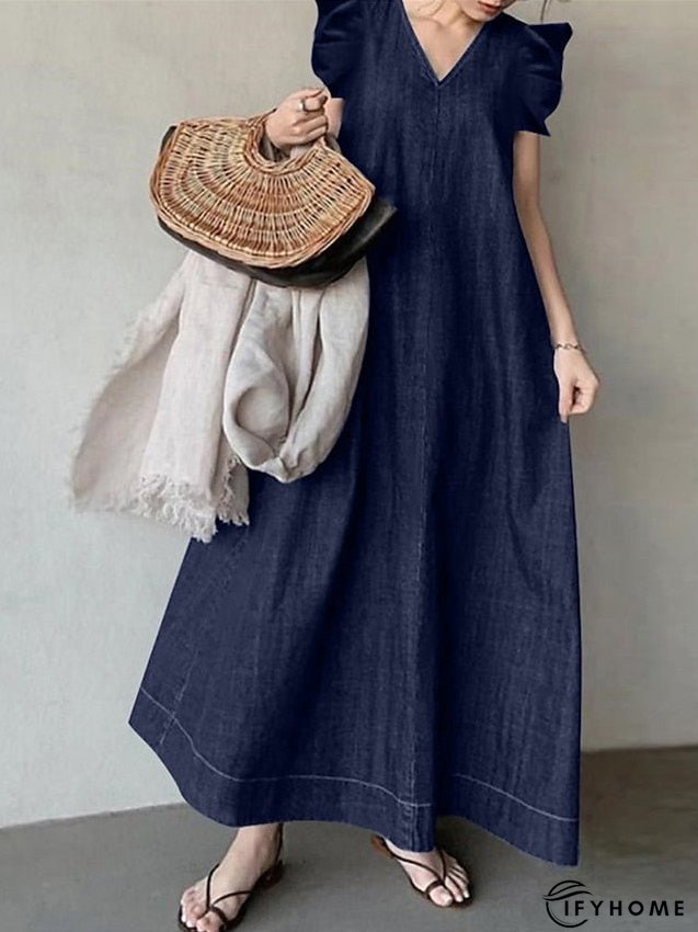 Denim Dress Swing Dress Maxi long Dress Denim Fashion Casual Outdoor Daily Vacation V Neck Pocket Short Sleeve Summer Spring Regular Fit Black Navy Blue Sky Blue Pure Color S M L XL 2XL for Women | IFYHOME