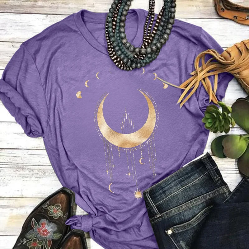   Crescent Moons Printed Casual Crew Neck T-shirt - Neojana