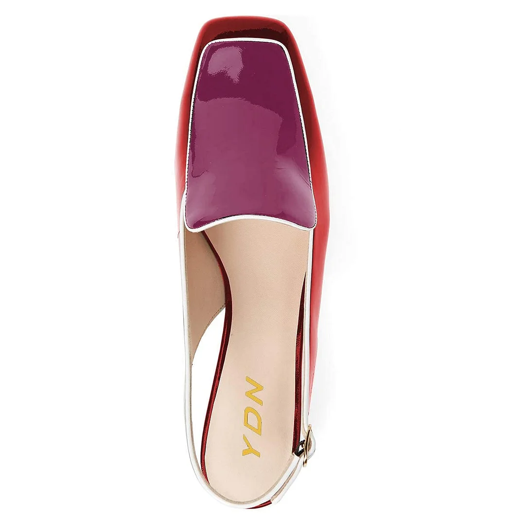 Red & Purple Square Toe Chunky Heel Slingback Women's Loafers