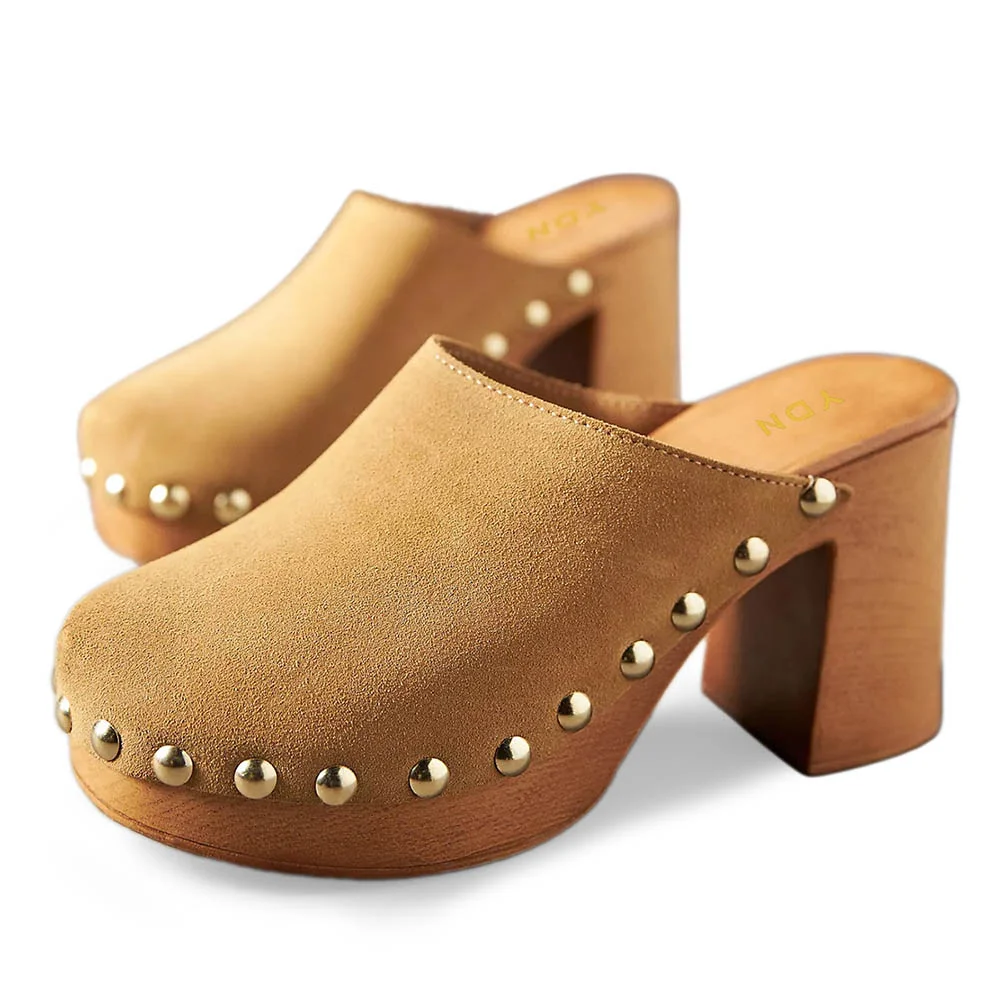 Vegan Suede Studded Platform Round Toe Heeled Clogs in Tan