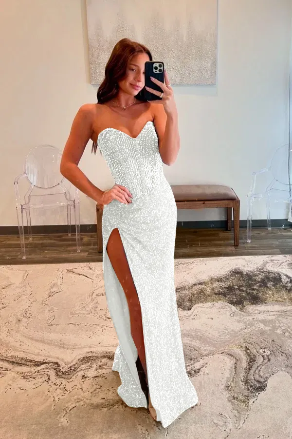 Daisda Strapless Blue Beaded Slit Prom Dress 