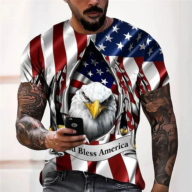 Men's Unisex T shirt Tee 3D Print Graphic Prints Eagle National Flag Crew Neck Street Daily Print Short Sleeve Tops Casual Designer Big and Tall Sports Red