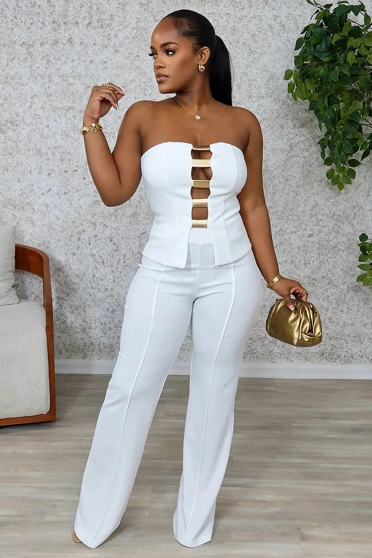 Tied Up Corset Tube Top Straight Leg Pants Daily 2pcs Set-White [Pre Order]