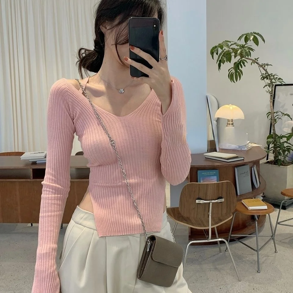 Tlbang Sweater Women V-neck Long Sleeve Pull Femme 2024 Ropa Mujer Fashion Sueter Knitting Korean Cropped Pullovers Tops