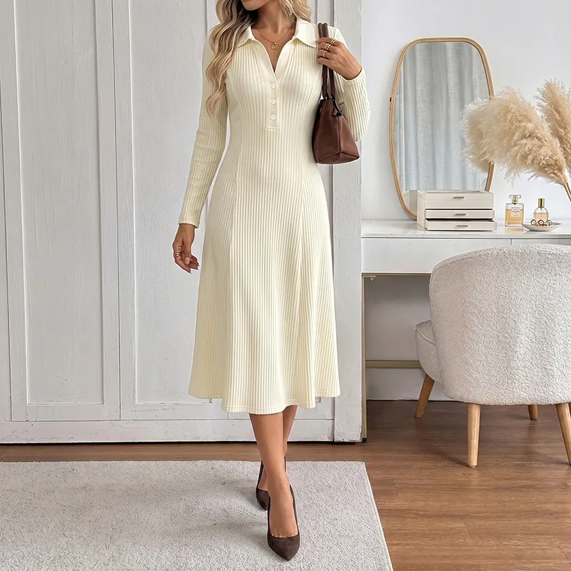 Women's Lapel Collar Long Sleeve Button V Neck A Line Swing Dress