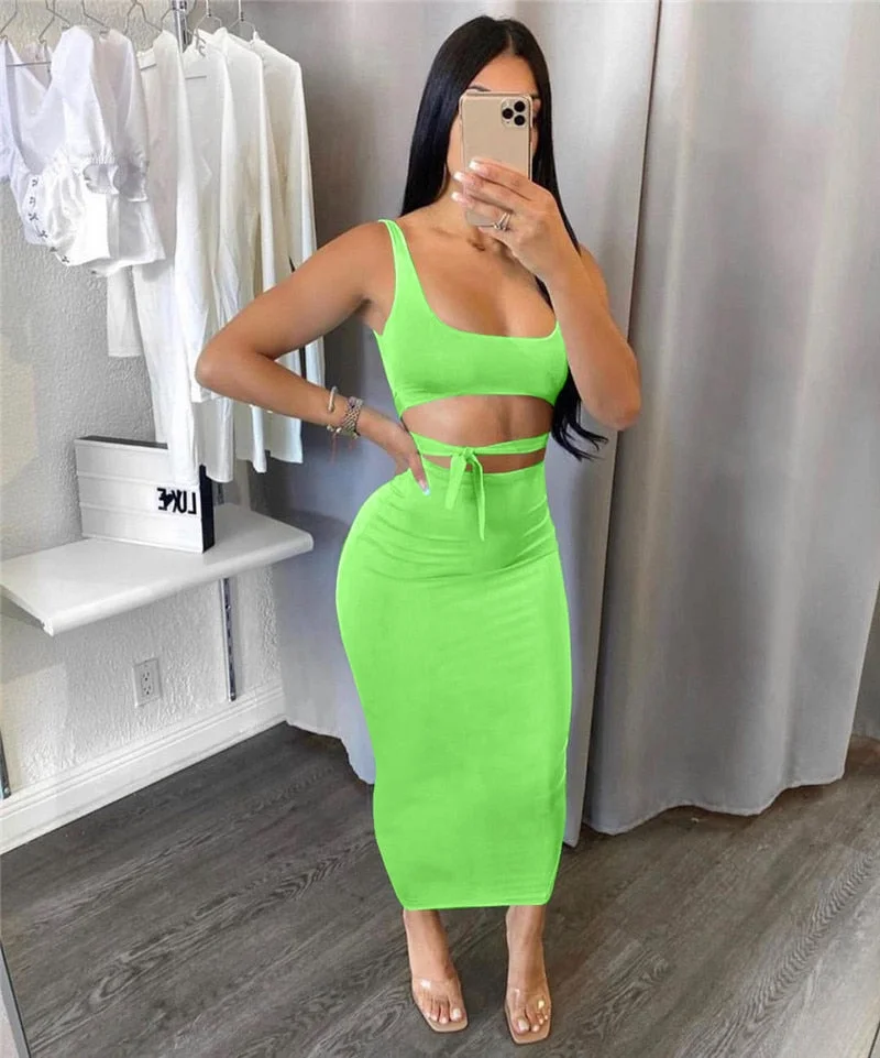 wsevypo Summer Party Solid Color Dress Sets Sexy Women's Two Pieces Lace-up Straps Crop Tank Tops+Maxi Bodycon Skirts 7Colors