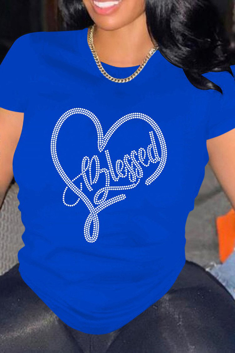 Plus Size Casual Graphic Heart O Neck Shiny T-Shirt