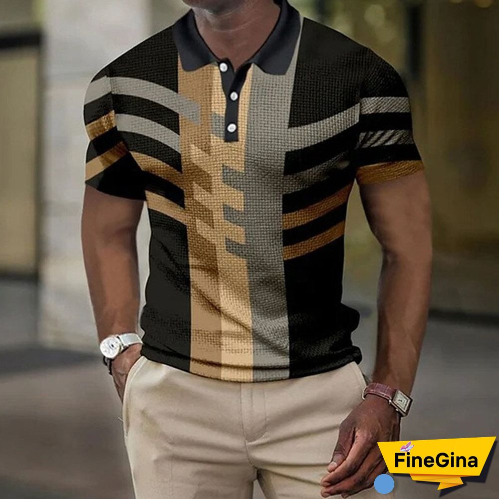 Black khaki Men's Short Sleeves Striped Graphic 3D Print Button-Down Shirt