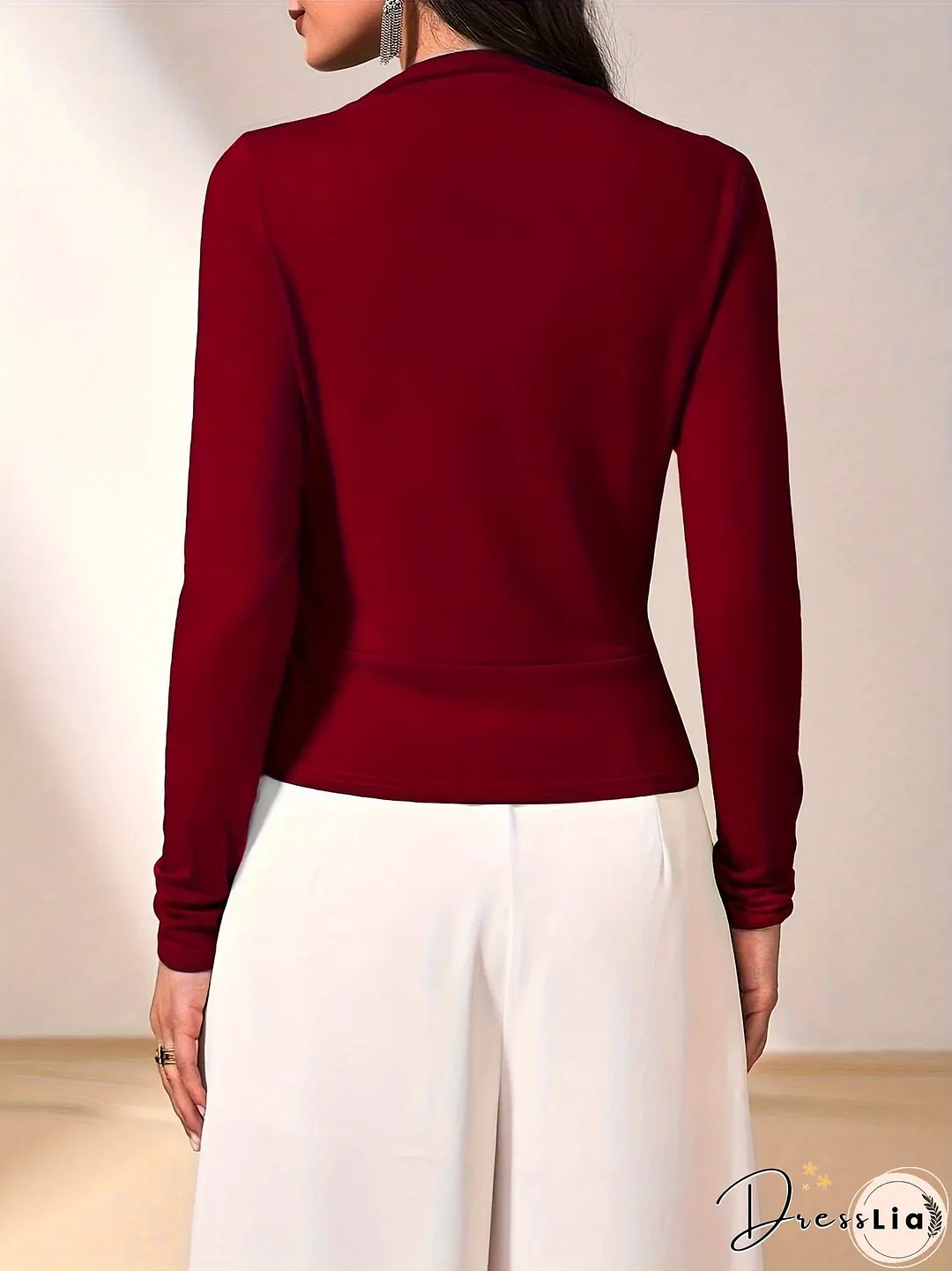 Ruched Surplice Neck T-Shirt, Elegant Long Sleeve Top For Spring & Fall, Women's Clothing