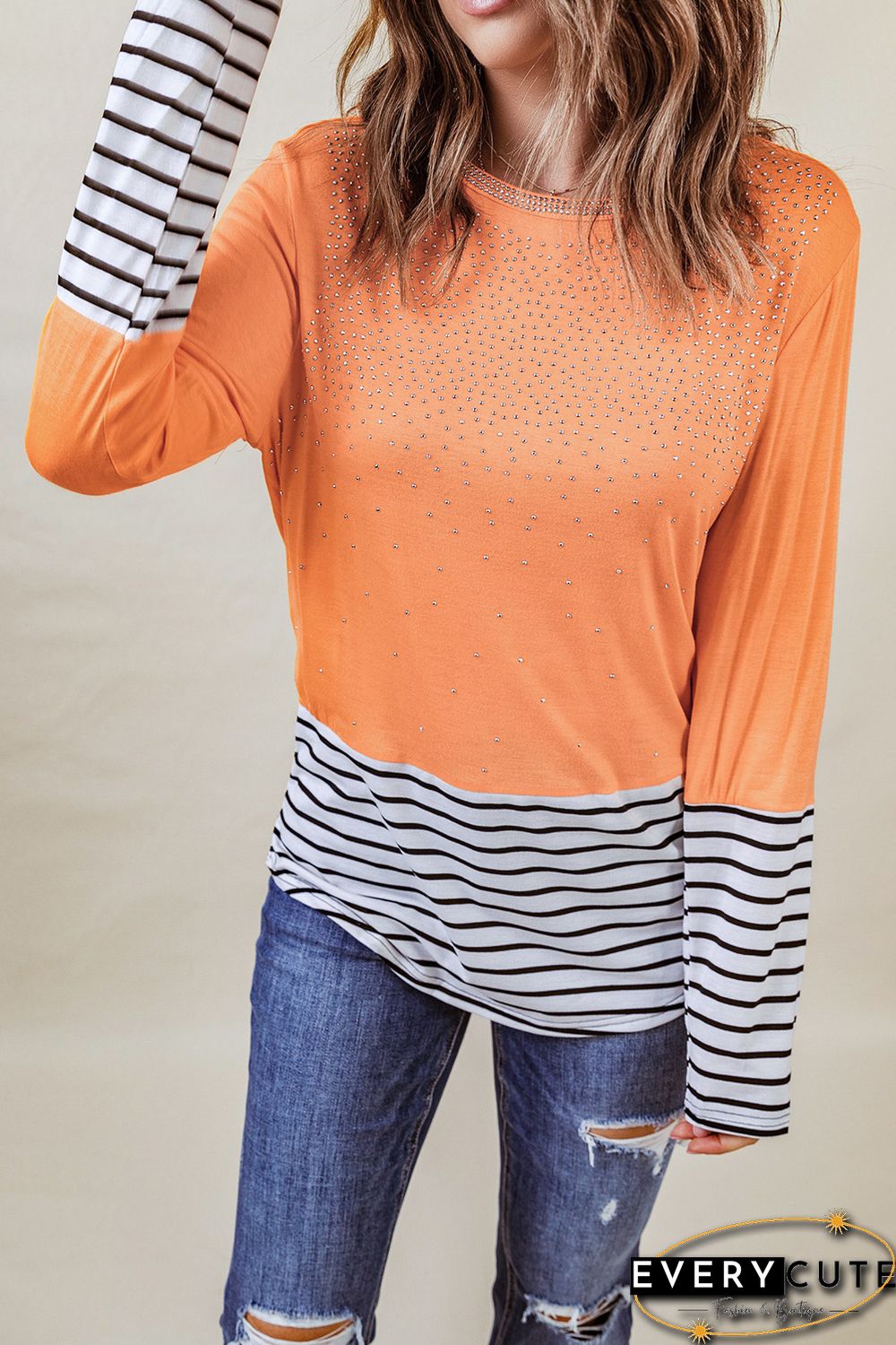 Orange Rhinestone Beading Striped Patchwork Long Sleeve Top