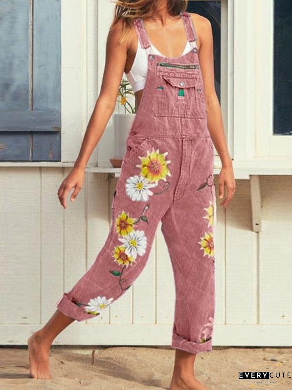 Jumpsuits Printed Pattern Pockets Denim Jumpsuit for Women
