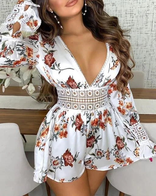Floral Print Long Sleeve Out Backless Bodysuit