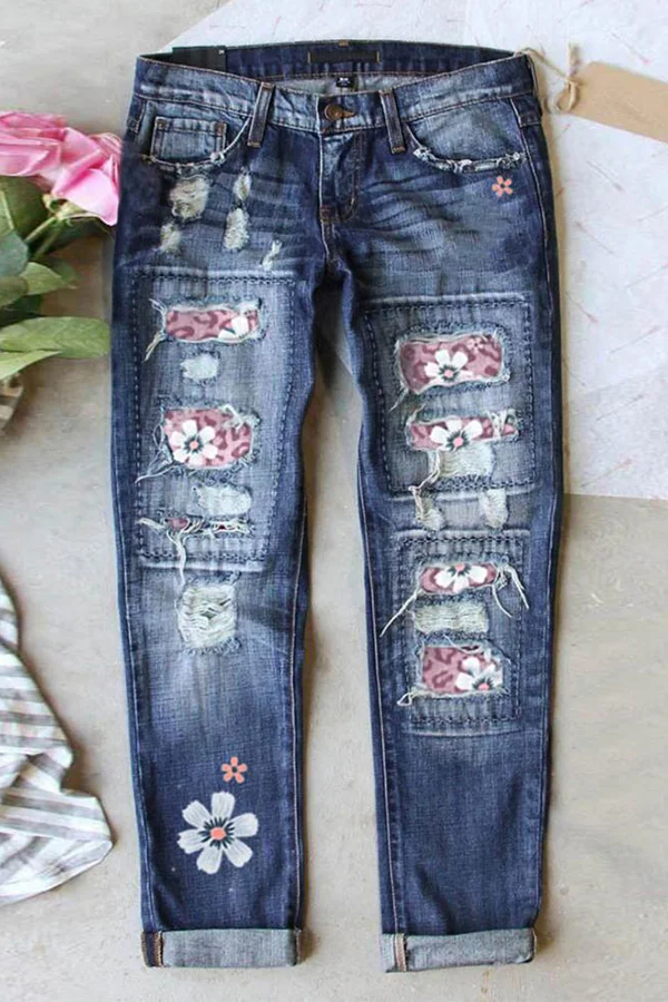 Printed Distressed Slim Fit Jeans