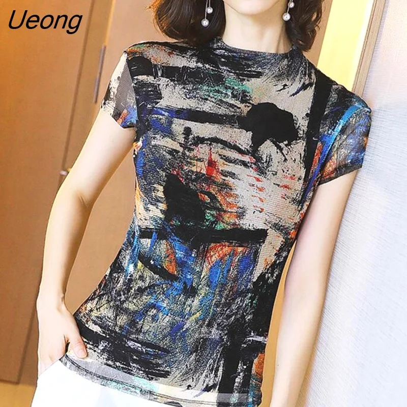 Ueong Stitching Short-sleeved Bottoming Shirt Female Round Neck Stretch Mesh Printing Fashion Blouse Pullover Women Spring Summer